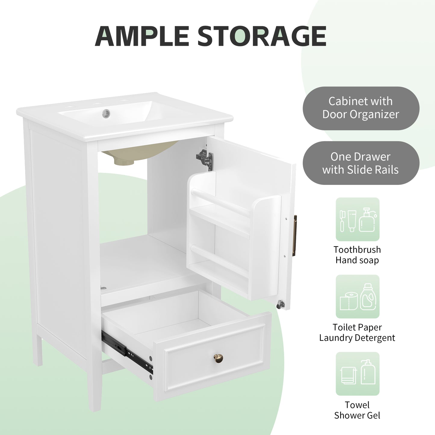 VanityFus 20-in White Bathroom Vanity Single Sink Combo Ceramic Top 1 Soft Close Door 1 drawer Undermount