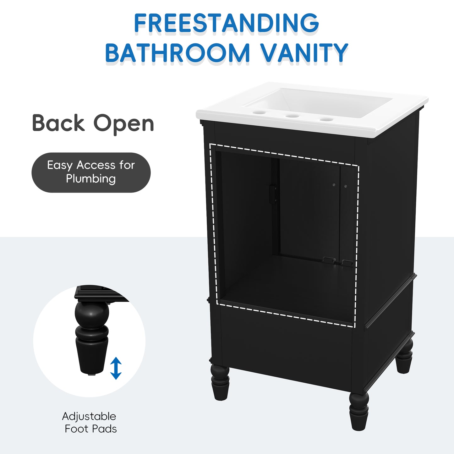 VanityFus 20-in Black Bathroom Vanity Single Sink Combo Ceramic Top 2 doors 1 drawer Undermount