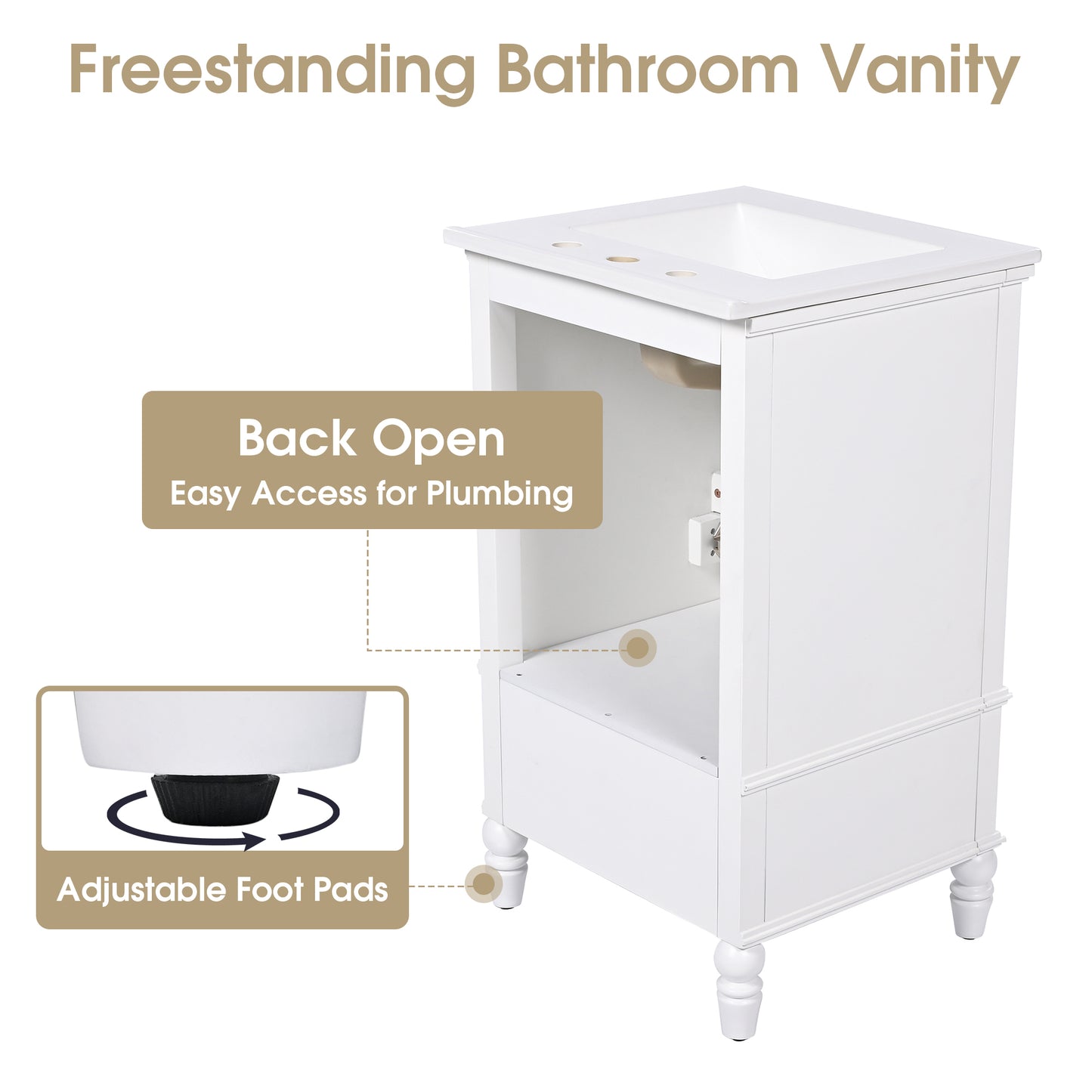 VanityFus 20-in White Bathroom Vanity Single Sink Combo Ceramic Top 2 doors 1 drawer Undermount