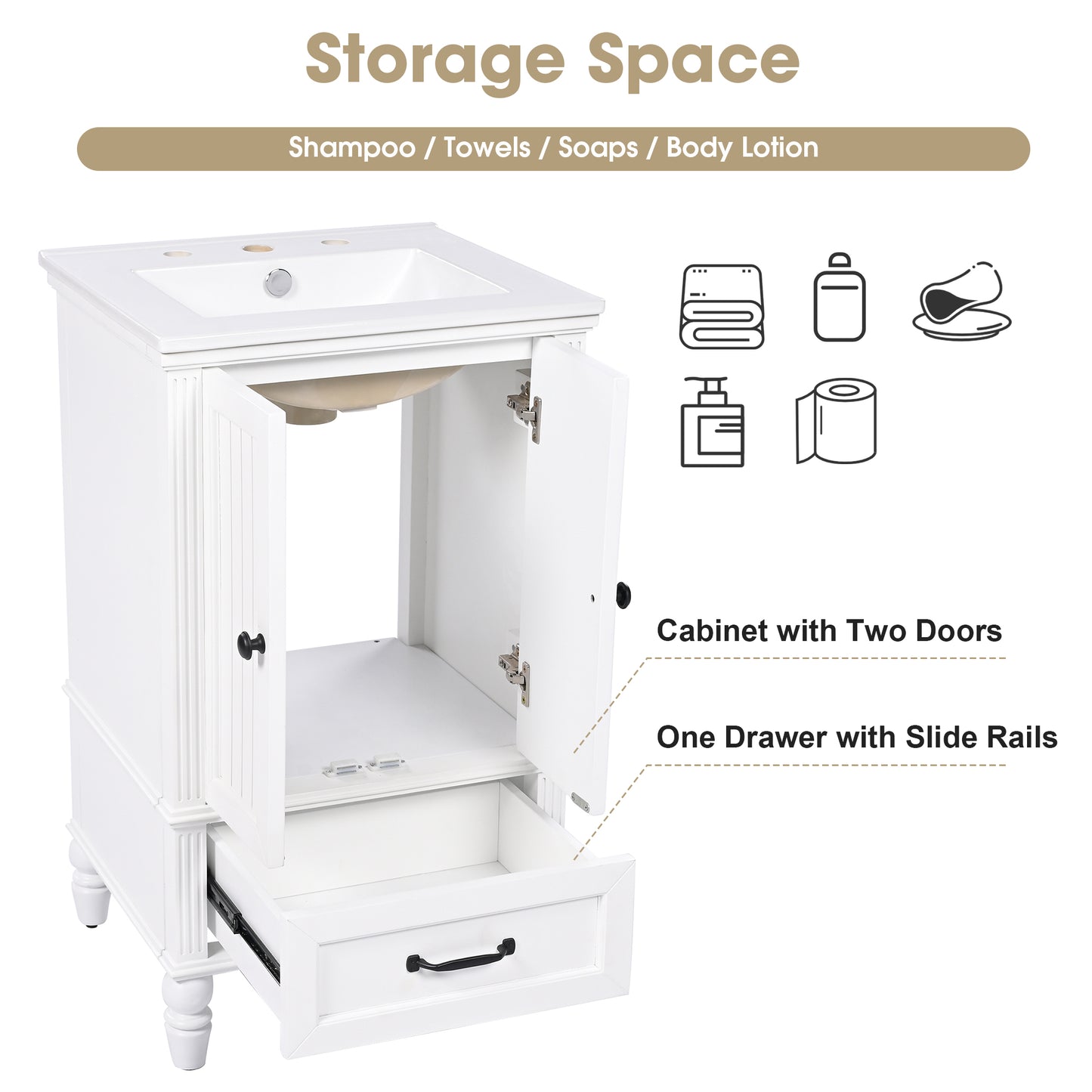 VanityFus 20-in White Bathroom Vanity Single Sink Combo Ceramic Top 2 doors 1 drawer Undermount