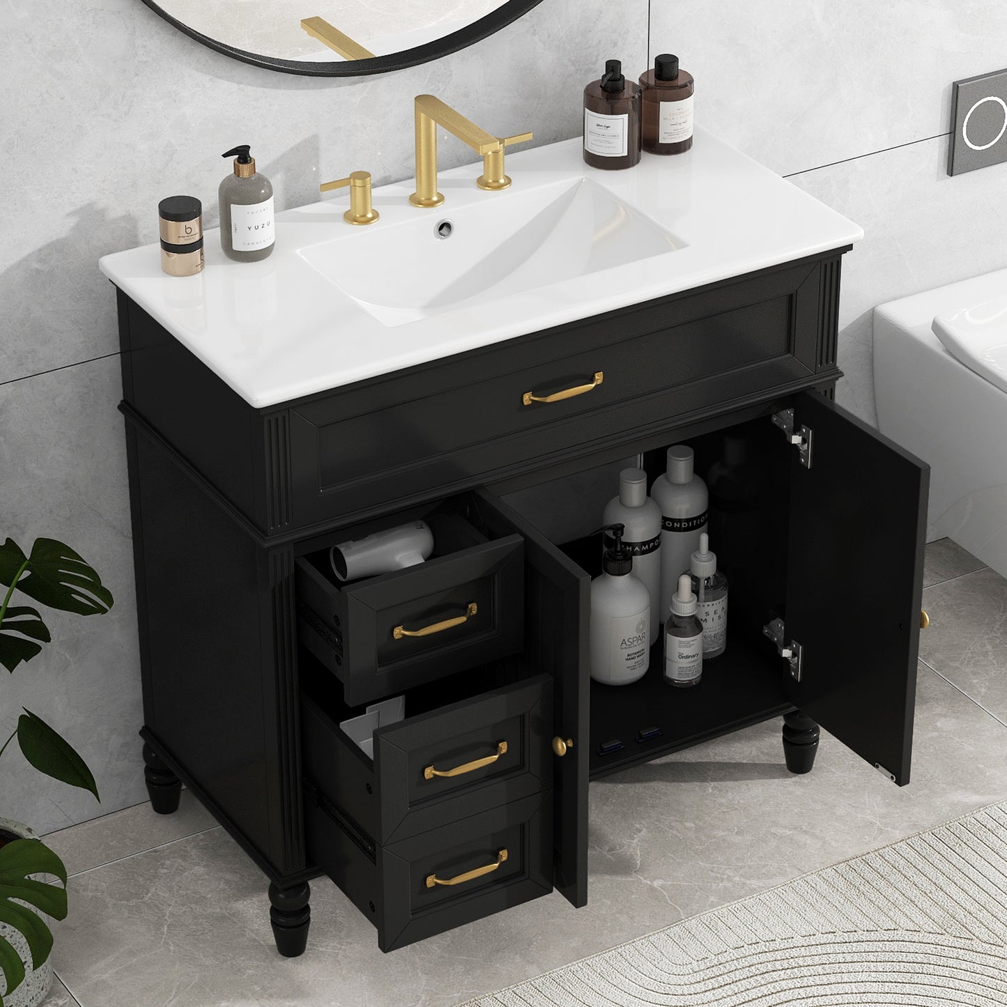 VanityFus 36-in Black Bathroom Vanity Single Sink Combo Ceramic Top 2 doors 2 drawers Undermount