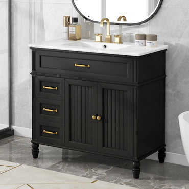 VanityFus 36-in Black Bathroom Vanity Single Sink Combo Ceramic Top 2 doors 2 drawers Undermount