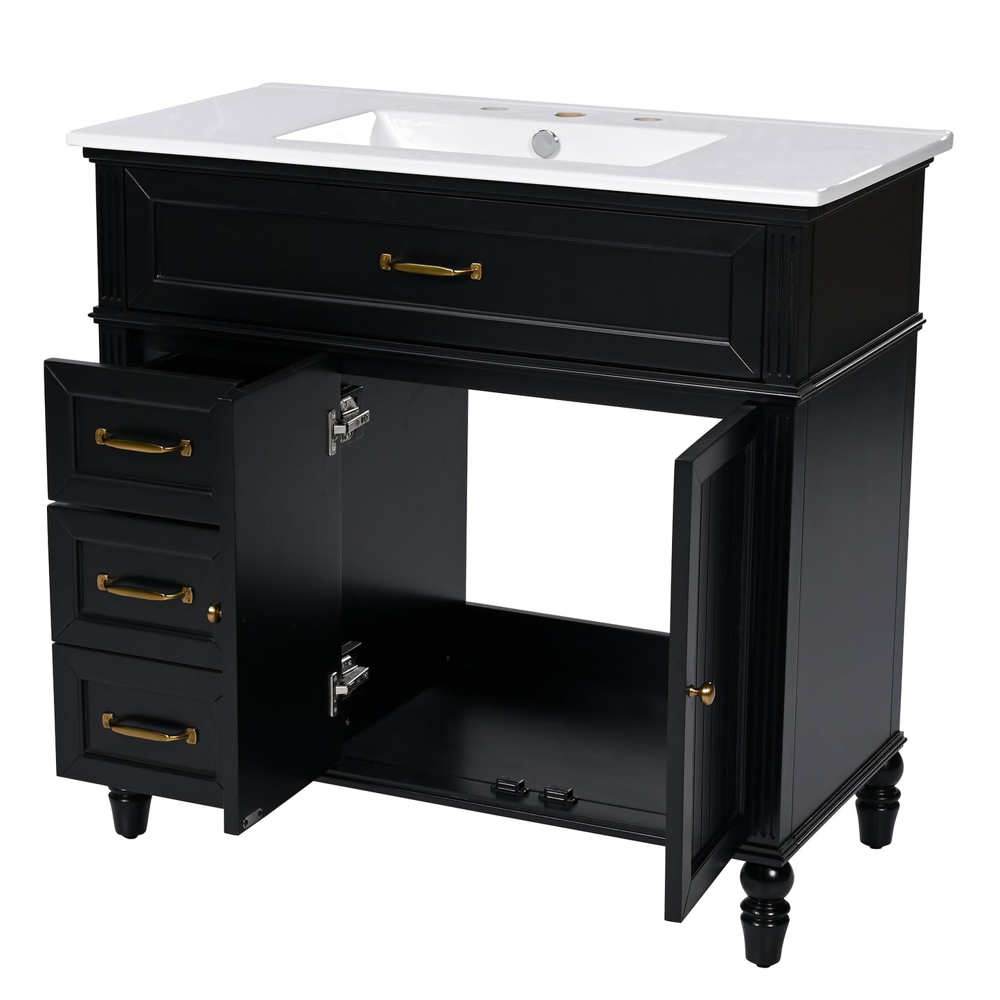 VanityFus 36-in Black Bathroom Vanity Single Sink Combo Ceramic Top 2 doors 2 drawers Undermount