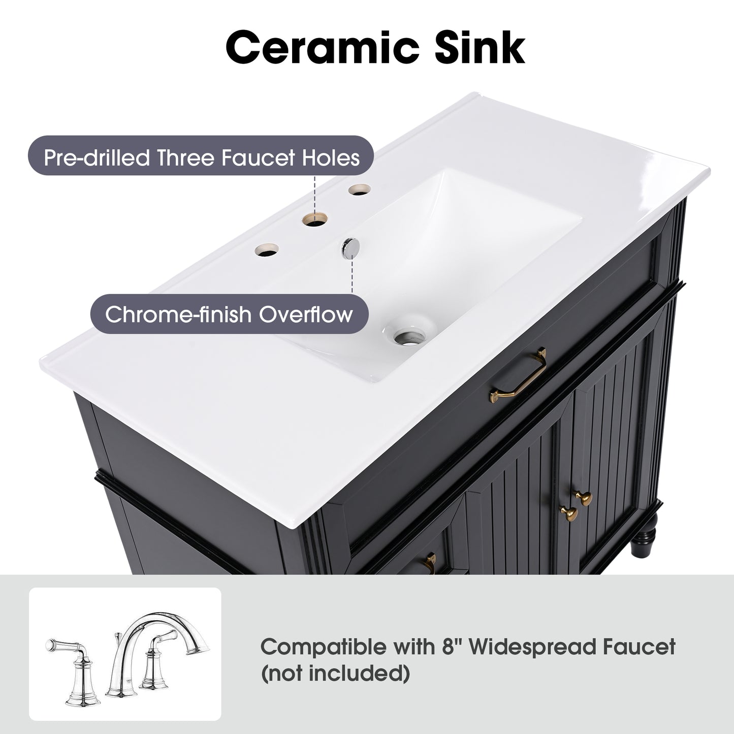 VanityFus 36-in Black Bathroom Vanity Single Sink Combo Ceramic Top 2 doors 2 drawers Undermount