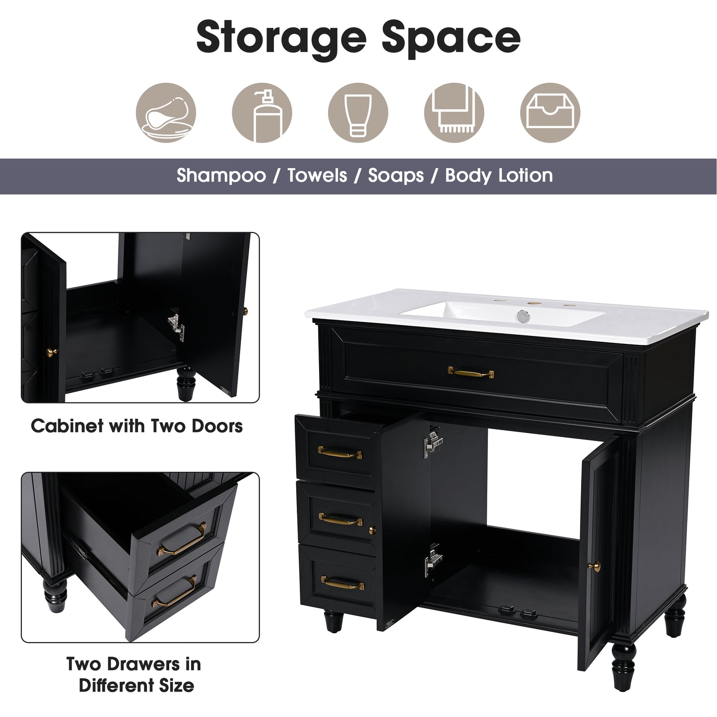 VanityFus 36-in Black Bathroom Vanity Single Sink Combo Ceramic Top 2 doors 2 drawers Undermount