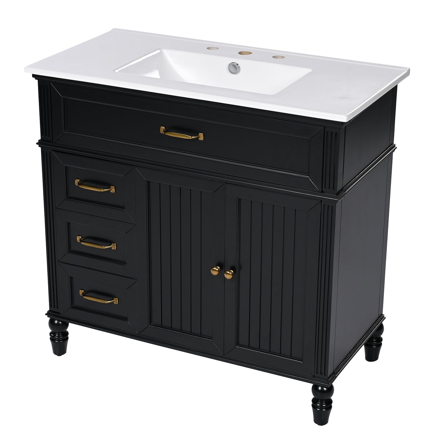 VanityFus 36-in Black Bathroom Vanity Single Sink Combo Ceramic Top 2 doors 2 drawers Undermount
