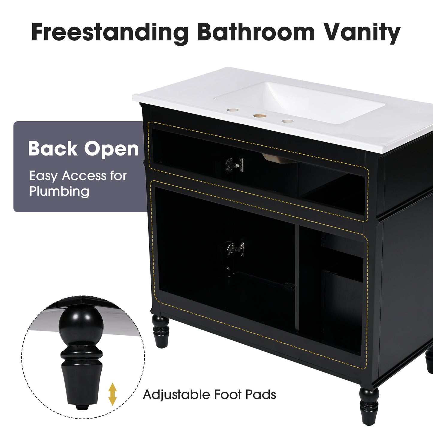 VanityFus 36-in Black Bathroom Vanity Single Sink Combo Ceramic Top 2 doors 2 drawers Undermount