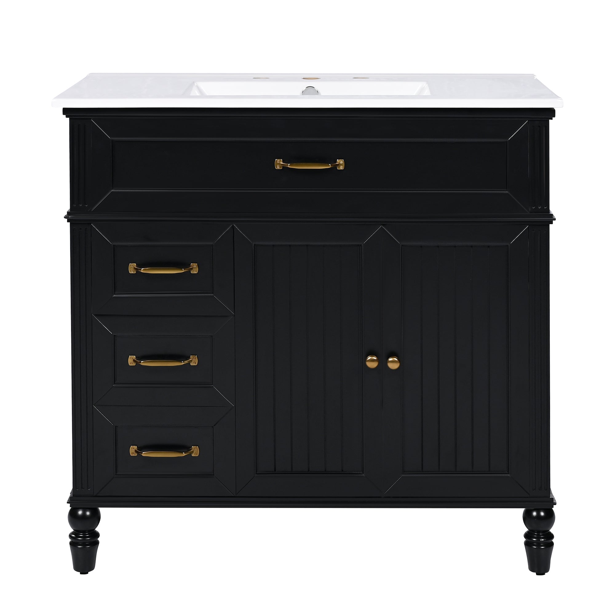 VanityFus 36-in Black Bathroom Vanity Single Sink Combo Ceramic Top 2 doors 2 drawers Undermount