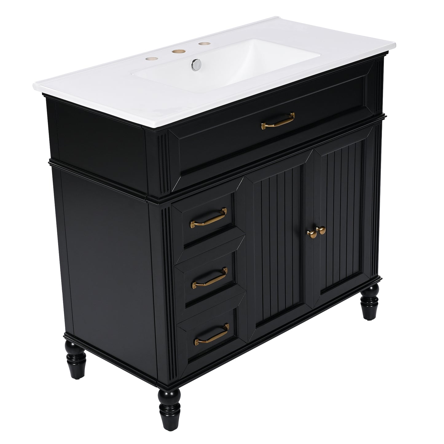 VanityFus 36-in Black Bathroom Vanity Single Sink Combo Ceramic Top 2 doors 2 drawers Undermount