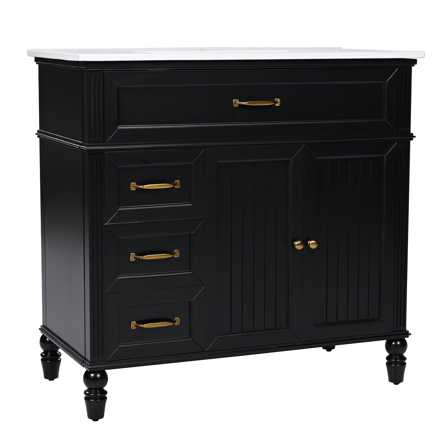 VanityFus 36-in Black Bathroom Vanity Single Sink Combo Ceramic Top 2 doors 2 drawers Undermount
