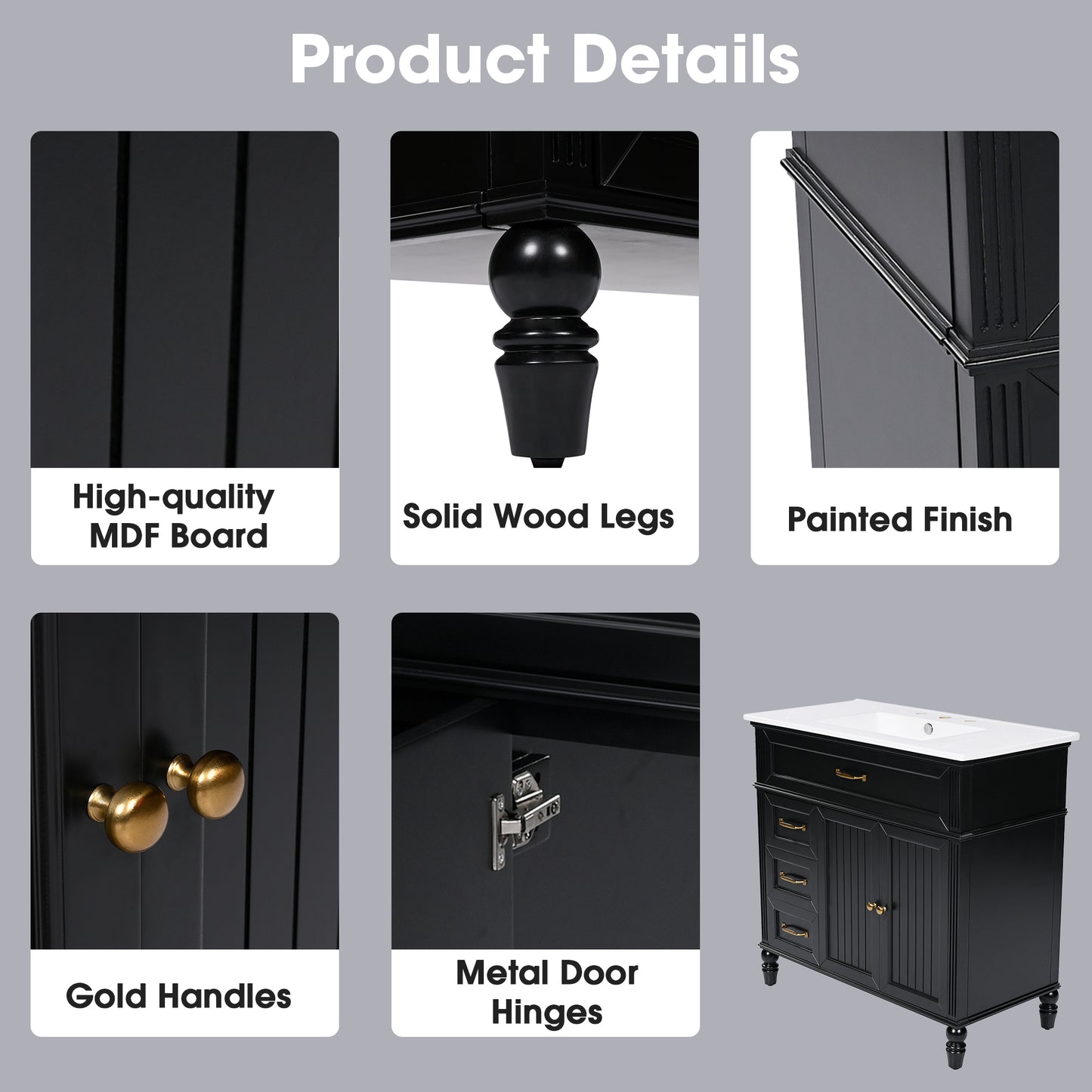 VanityFus 36-in Black Bathroom Vanity Single Sink Combo Ceramic Top 2 doors 2 drawers Undermount