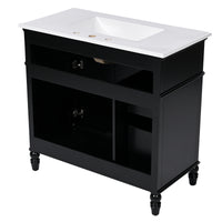 VanityFus 36-in Black Bathroom Vanity Single Sink Combo Ceramic Top 2 doors 2 drawers Undermount