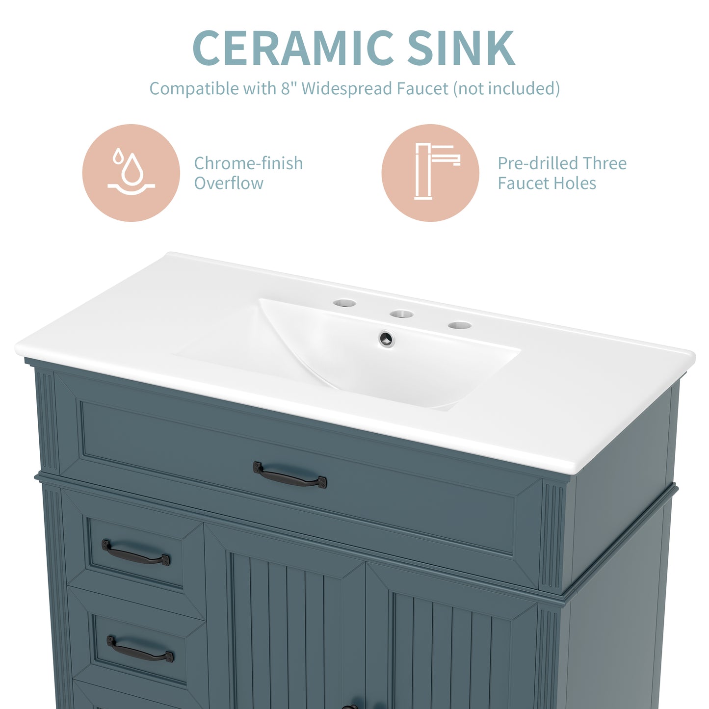 VanityFus 36-in Blue Bathroom Vanity Single Sink Combo Ceramic Top 2 doors 2 drawers Undermount