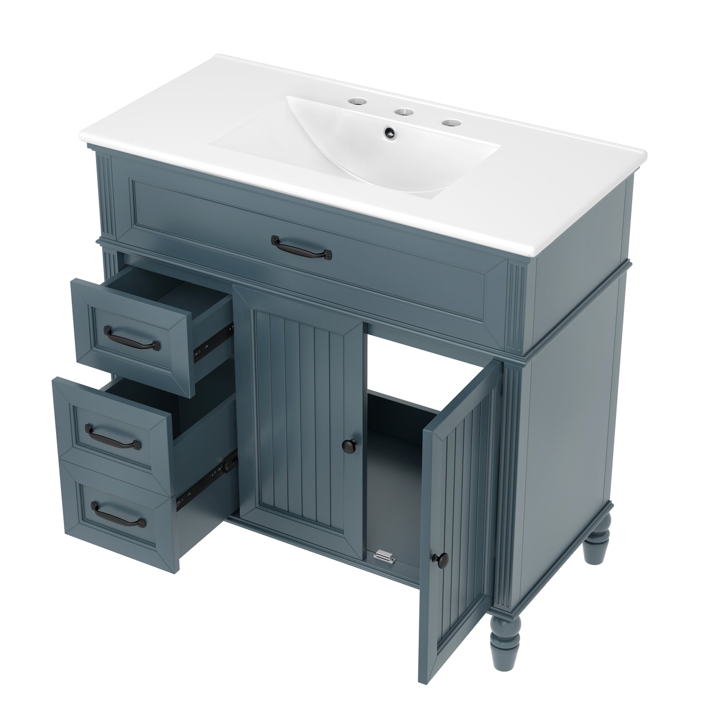 VanityFus 36-in Blue Bathroom Vanity Single Sink Combo Ceramic Top 2 doors 2 drawers Undermount