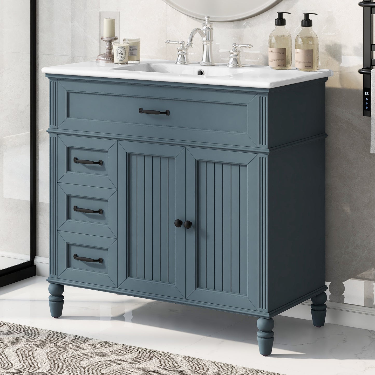 VanityFus 36-in Blue Bathroom Vanity Single Sink Combo Ceramic Top 2 doors 2 drawers Undermount