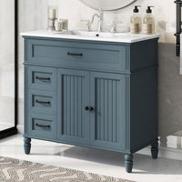 VanityFus 36-in Blue Bathroom Vanity Single Sink Combo Ceramic Top 2 doors 2 drawers Undermount