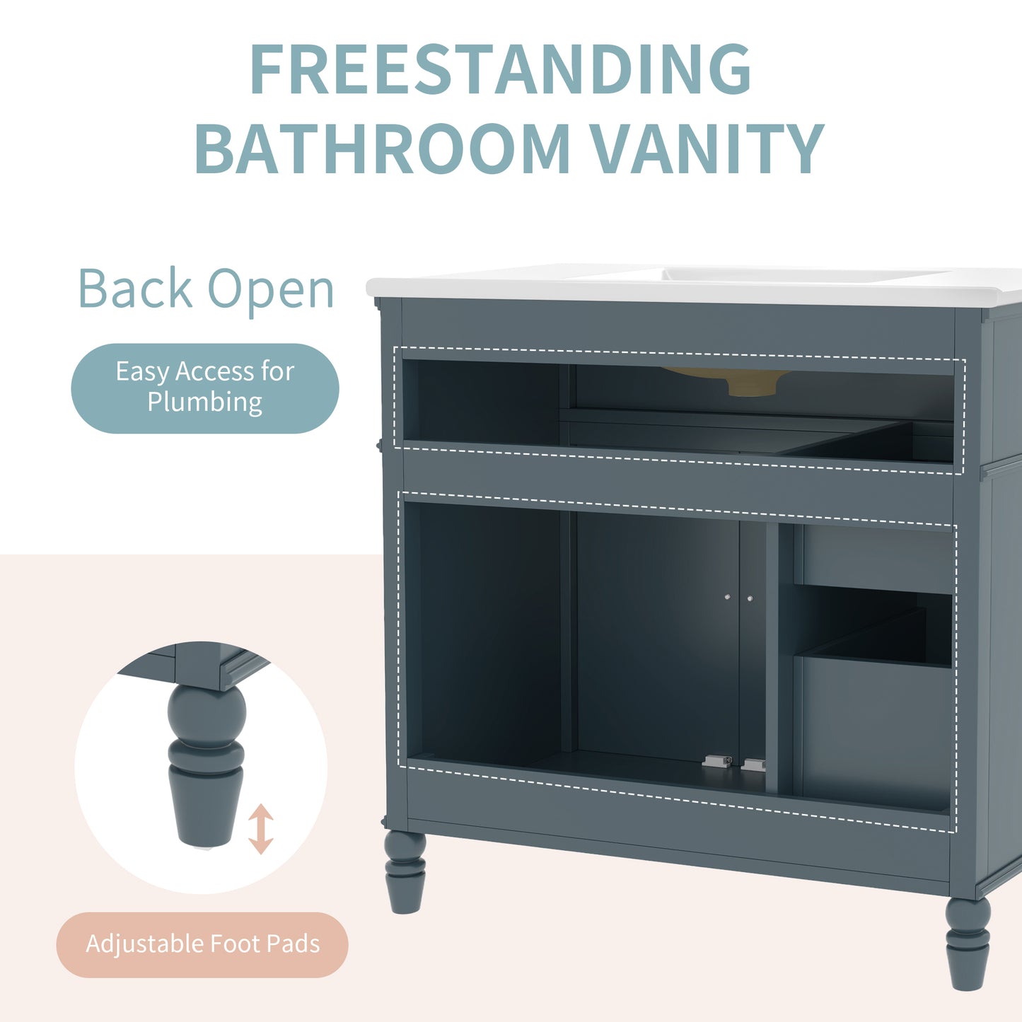 VanityFus 36-in Blue Bathroom Vanity Single Sink Combo Ceramic Top 2 doors 2 drawers Undermount