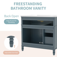 VanityFus 36-in Blue Bathroom Vanity Single Sink Combo Ceramic Top 2 doors 2 drawers Undermount