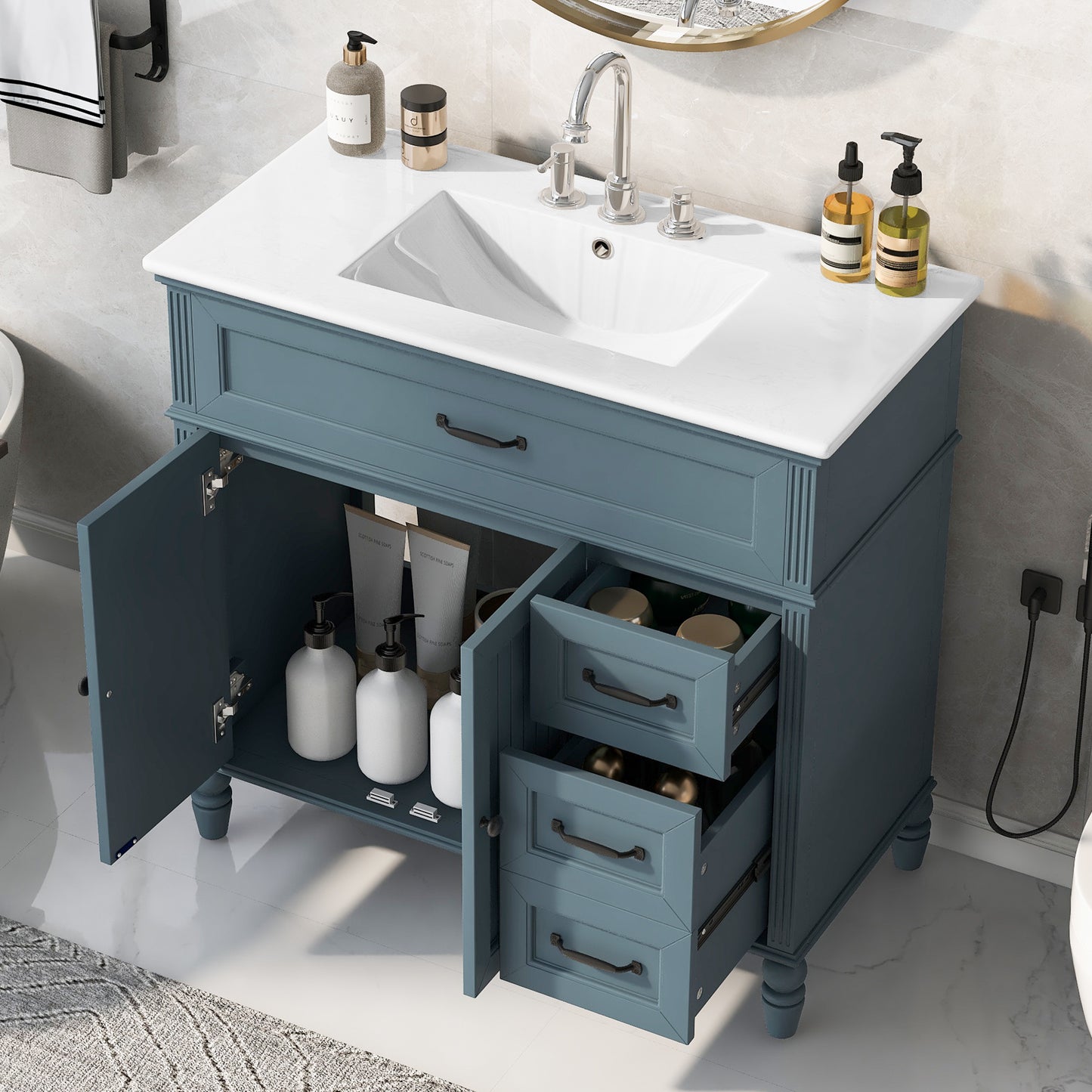 VanityFus 36-in Blue Bathroom Vanity Single Sink Combo Ceramic Top 2 doors 2 drawers Undermount