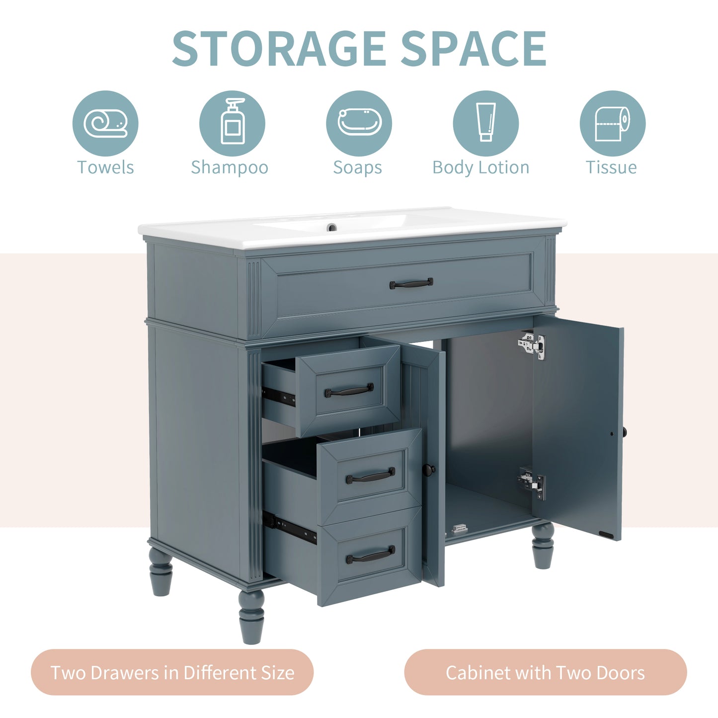 VanityFus 36-in Blue Bathroom Vanity Single Sink Combo Ceramic Top 2 doors 2 drawers Undermount