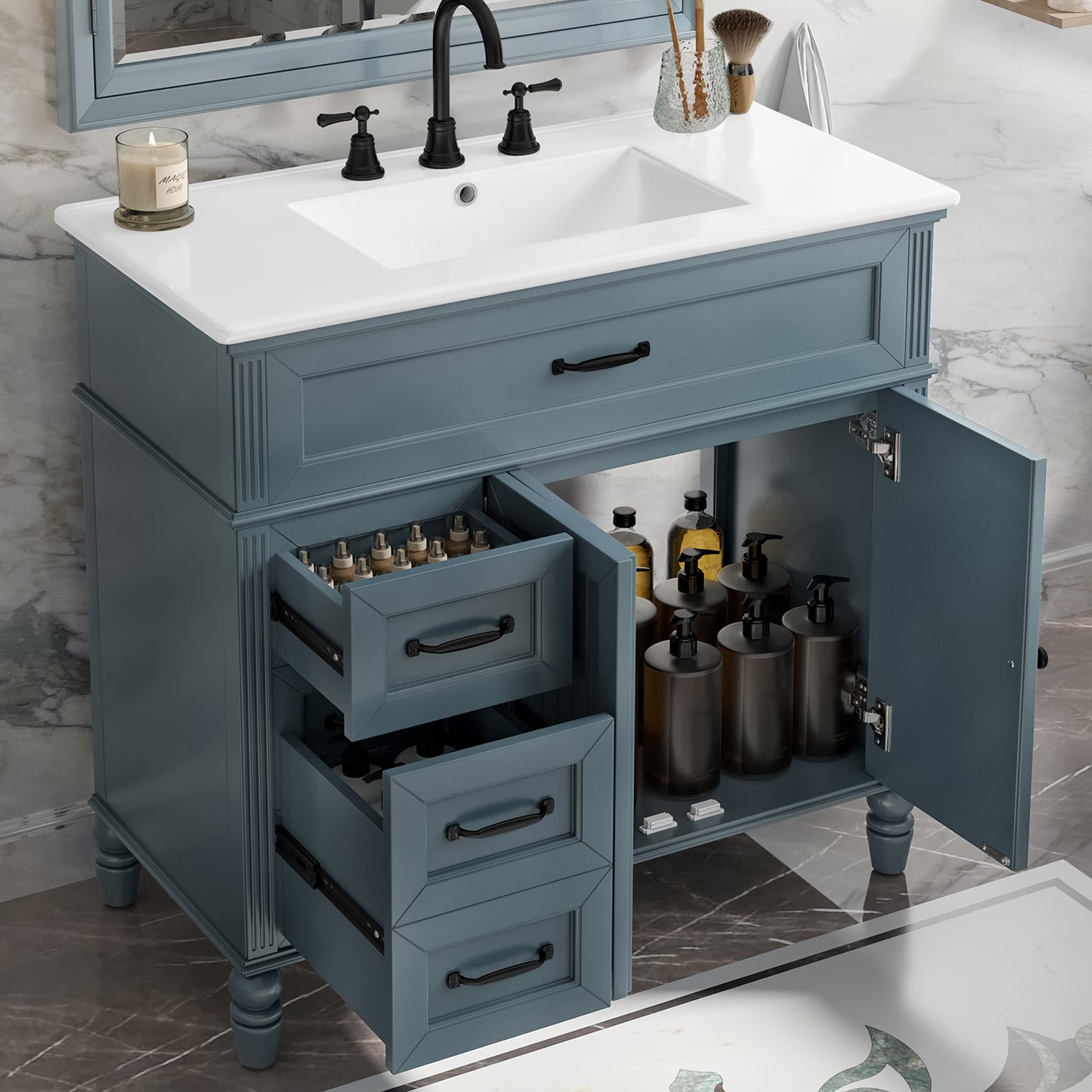 VanityFus 36-in Blue Bathroom Vanity Single Sink Combo Ceramic Top 2 doors 2 drawers Undermount
