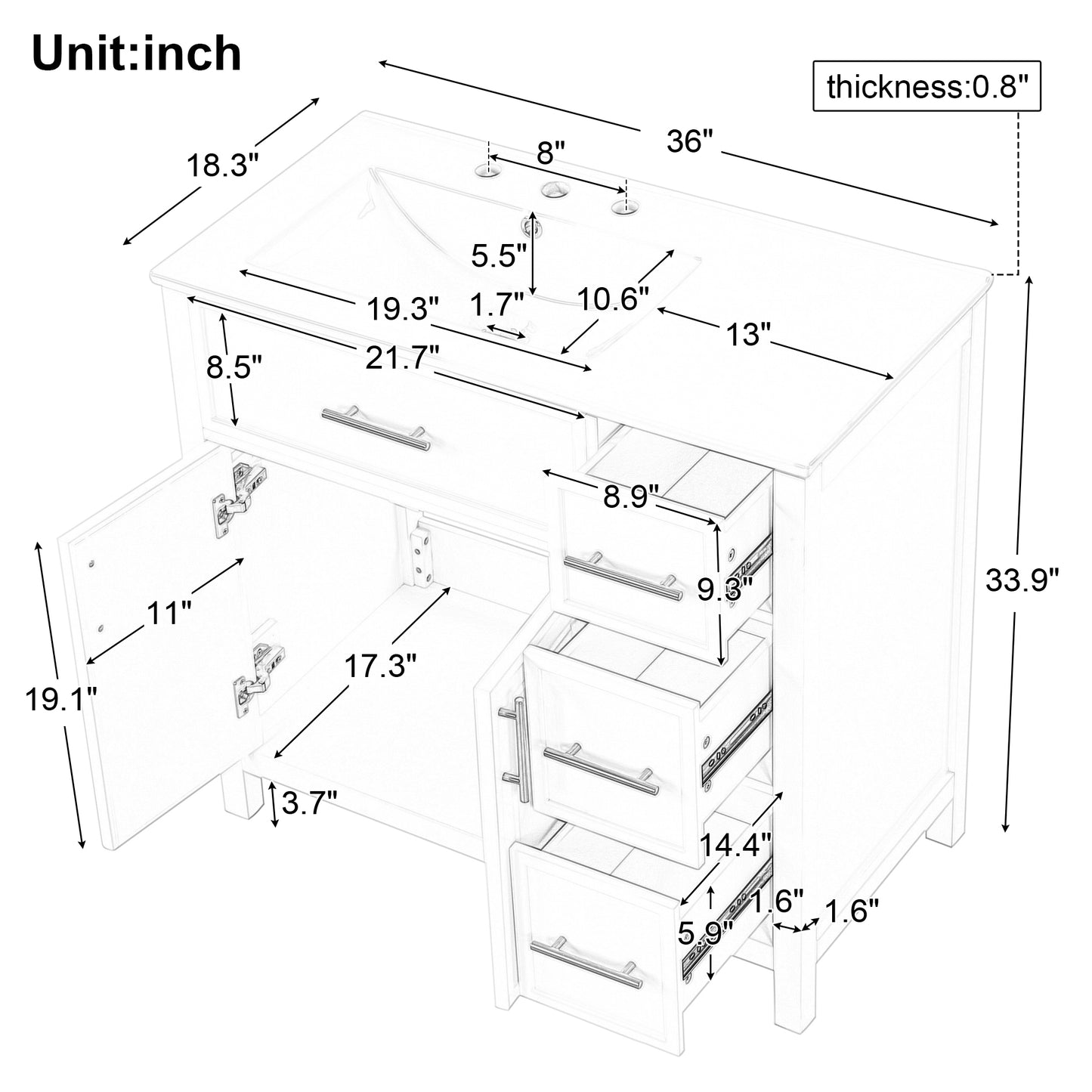 VanityFus 28.6-in White Bathroom Vanity Single Sink Combo Undermount with Ceramic Top 2 doors 3 drawers