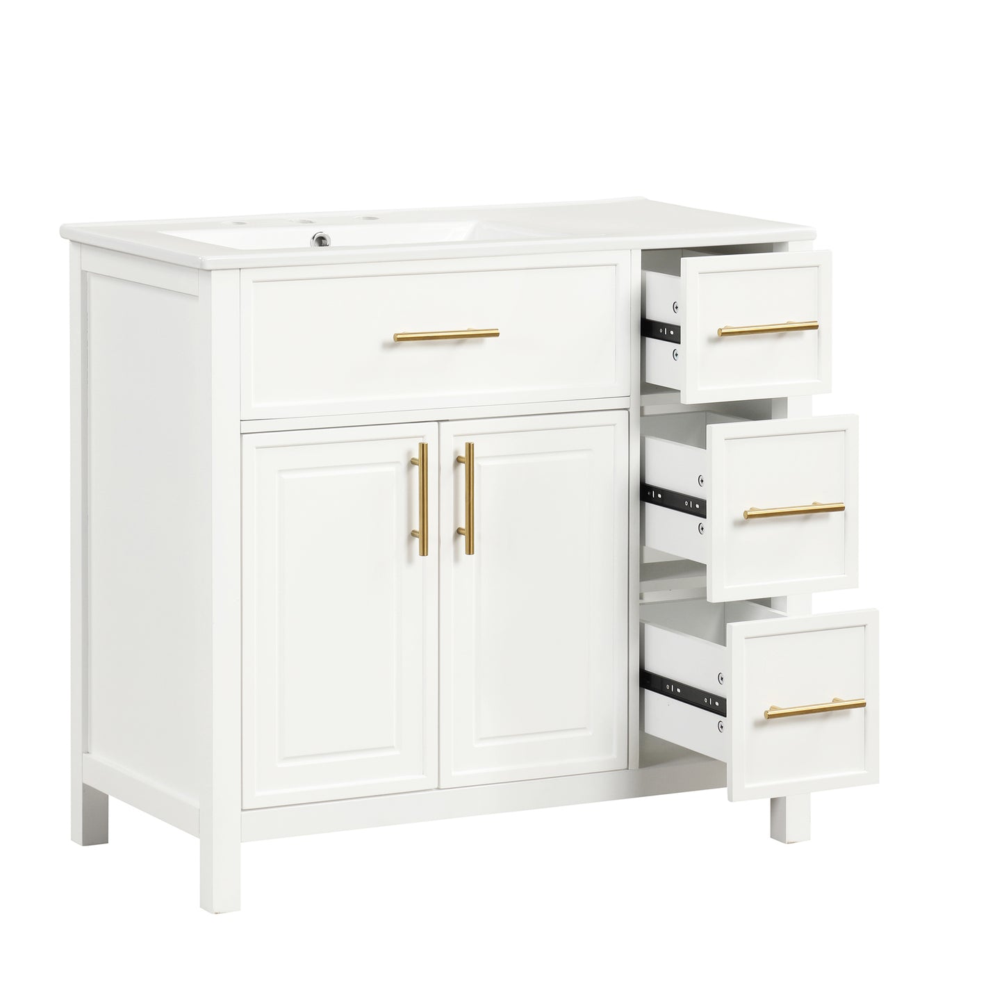 VanityFus 28.6-in White Bathroom Vanity Single Sink Combo Undermount with Ceramic Top 2 doors 3 drawers