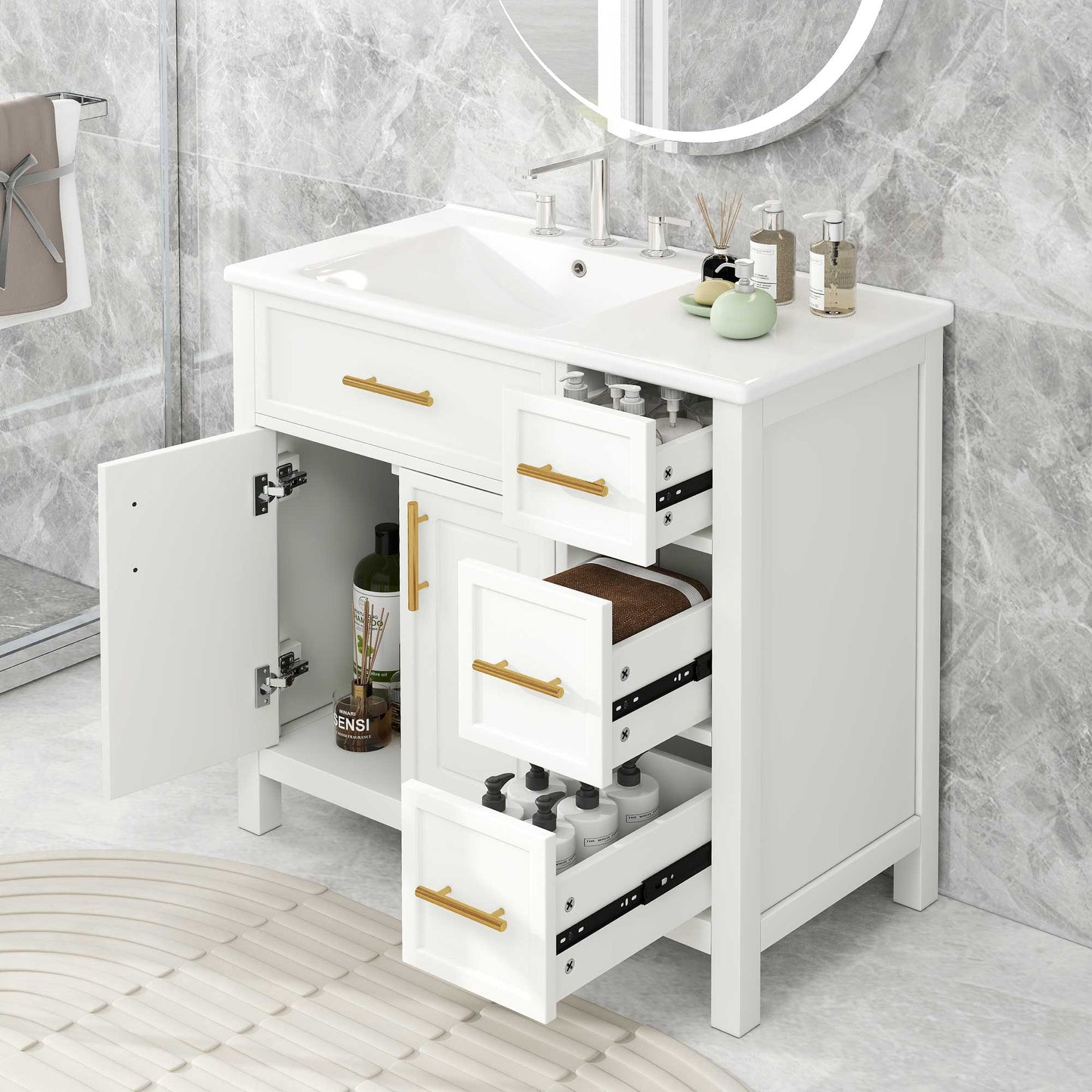 VanityFus 28.6-in White Bathroom Vanity Single Sink Combo Undermount with Ceramic Top 2 doors 3 drawers
