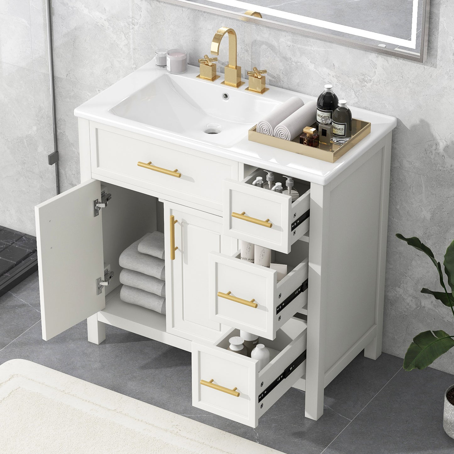 VanityFus 28.6-in White Bathroom Vanity Single Sink Combo Undermount with Ceramic Top 2 doors 3 drawers