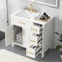 VanityFus 28.6-in White Bathroom Vanity Single Sink Combo Undermount with Ceramic Top 2 doors 3 drawers