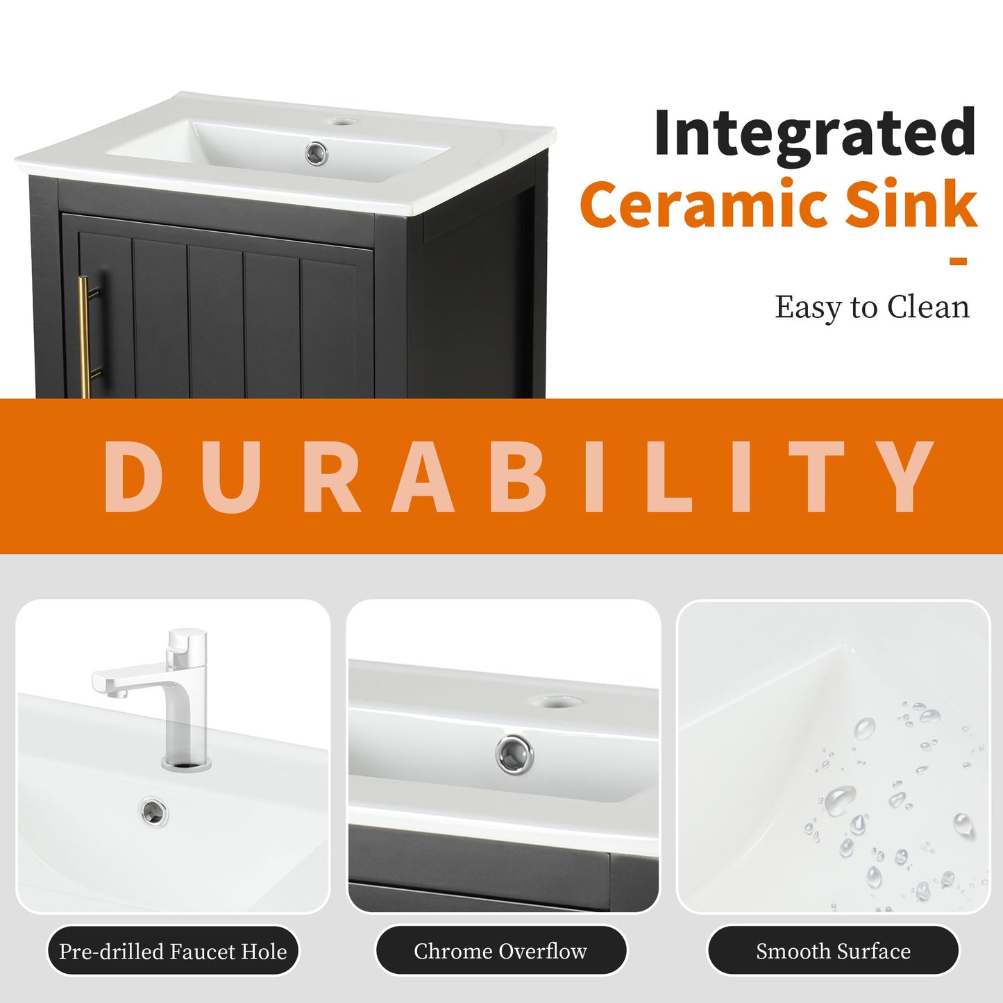 VanityFus 20-in Black Bathroom Vanity Single Sink Combo Ceramic Top 1 Soft Close Door Undermount
