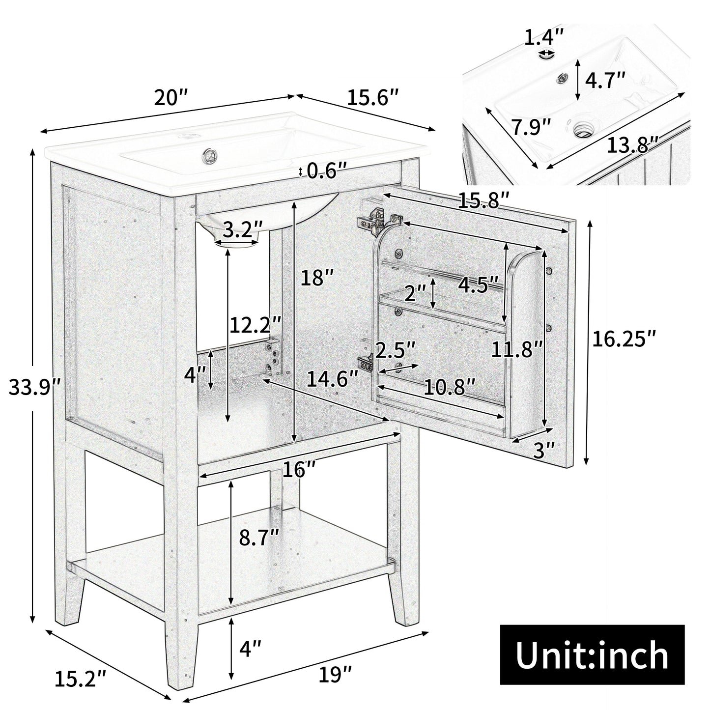 VanityFus 20-in Black Bathroom Vanity Single Sink Combo Ceramic Top 1 Soft Close Door Undermount