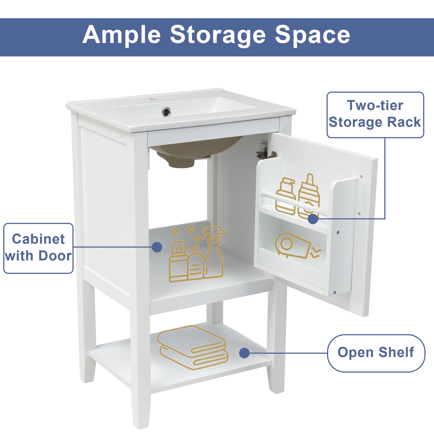 VanityFus 20-in White Bathroom Vanity Single Sink Combo Ceramic Top 1 Soft Close Door Undermount