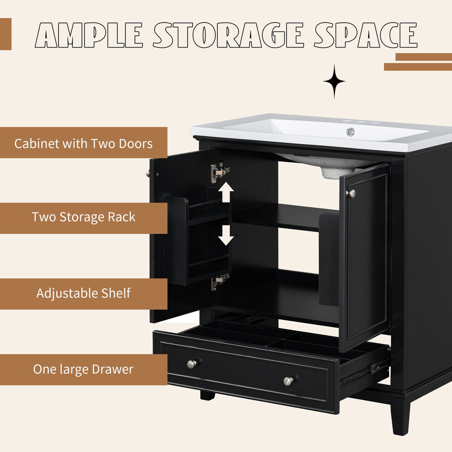 VanityFus 28.6-in Black Bathroom Vanity Single Sink Combo Undermount with Ceramic Top 2 doors 1 drawer