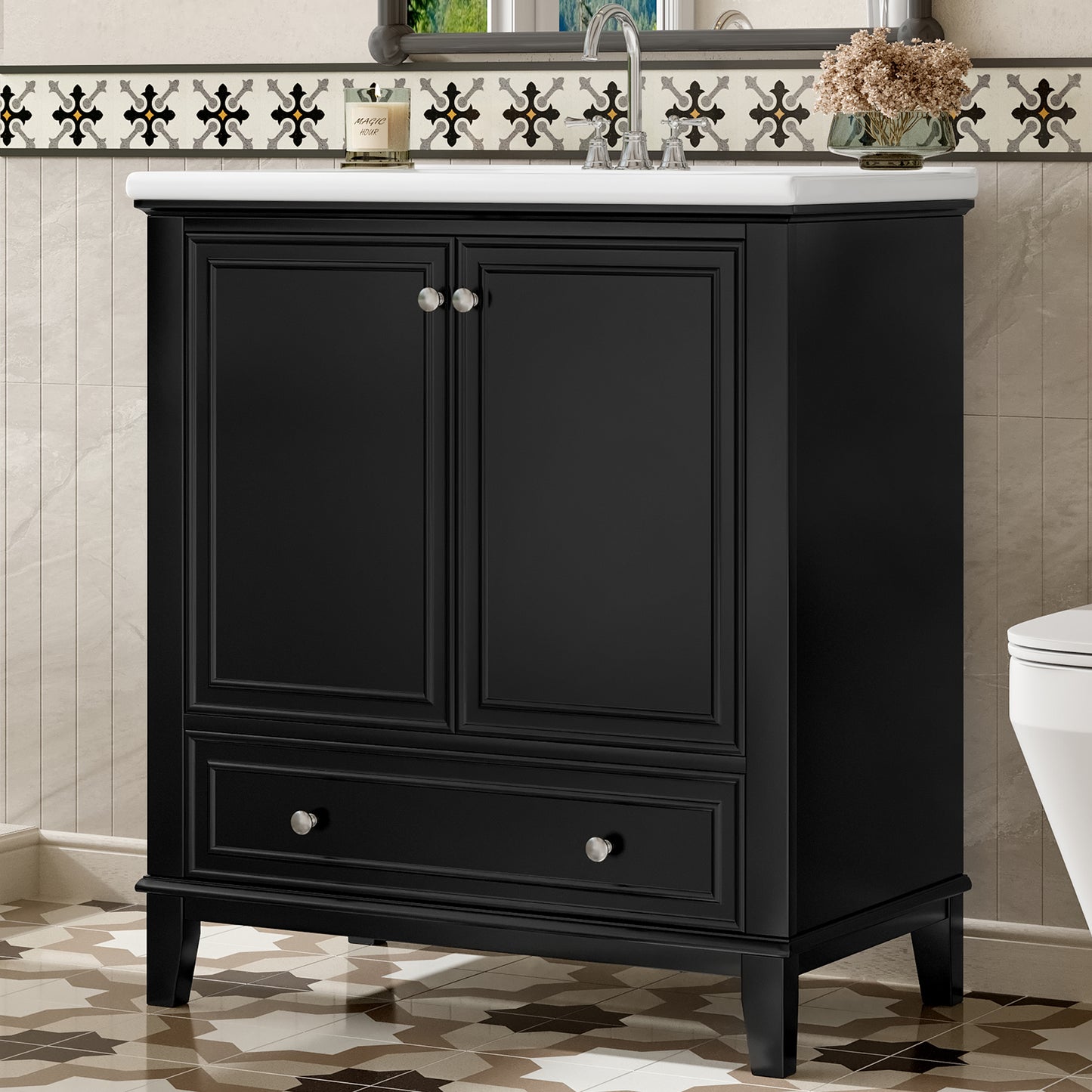 VanityFus 28.6-in Black Bathroom Vanity Single Sink Combo Undermount with Ceramic Top 2 doors 1 drawer