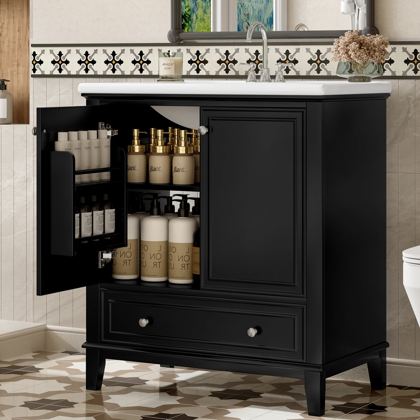 VanityFus 28.6-in Black Bathroom Vanity Single Sink Combo Undermount with Ceramic Top 2 doors 1 drawer