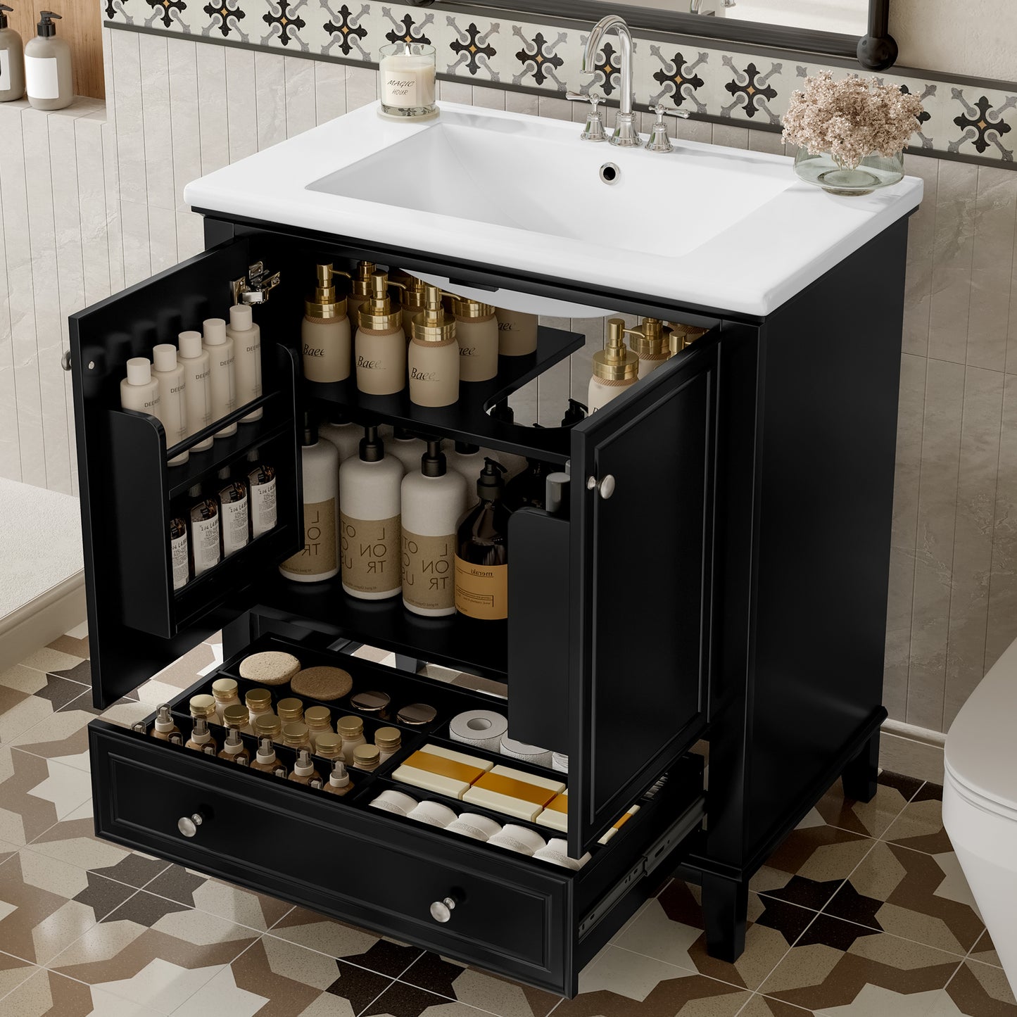 VanityFus 28.6-in Black Bathroom Vanity Single Sink Combo Undermount with Ceramic Top 2 doors 1 drawer
