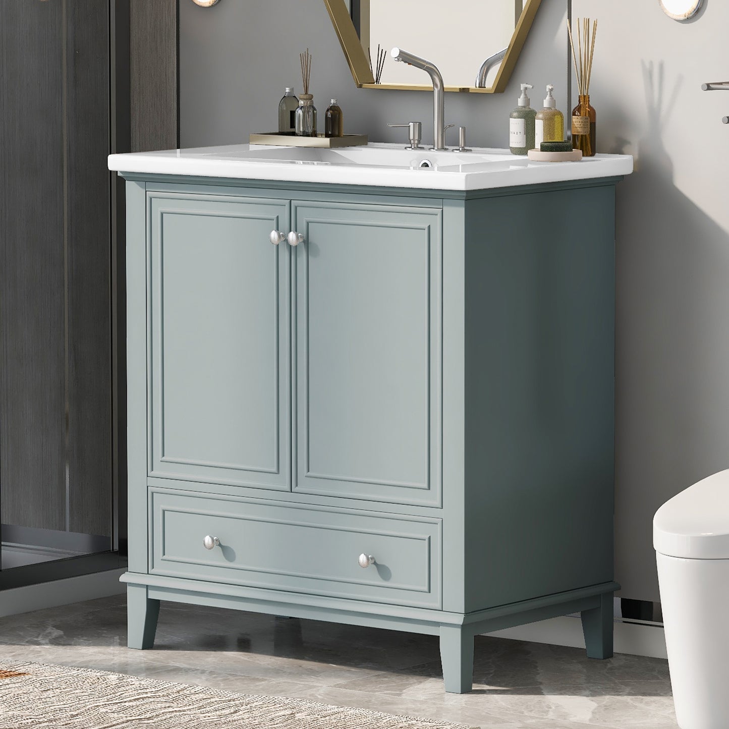 VanityFus 28.6-in Green Bathroom Vanity Single Sink Combo Undermount with Ceramic Top 2 doors 1 drawer