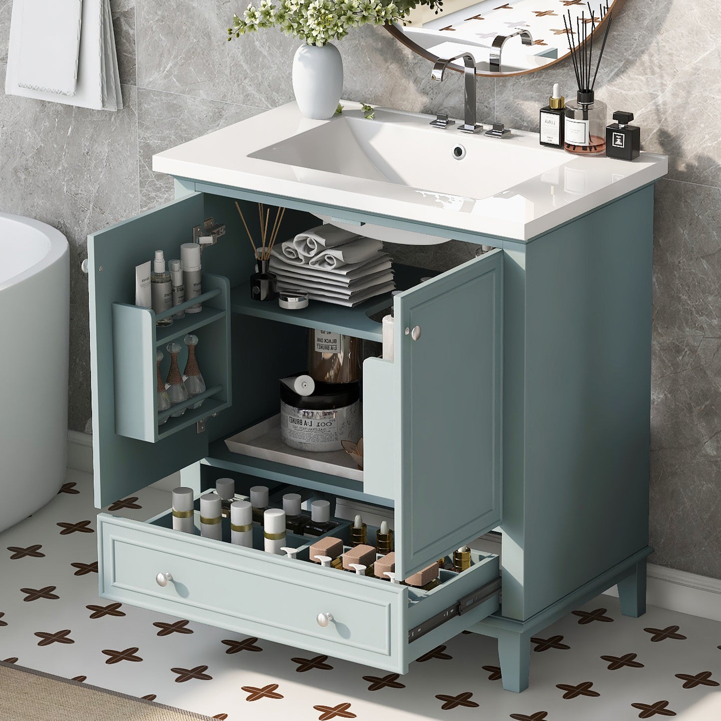 VanityFus 28.6-in Green Bathroom Vanity Single Sink Combo Undermount with Ceramic Top 2 doors 1 drawer