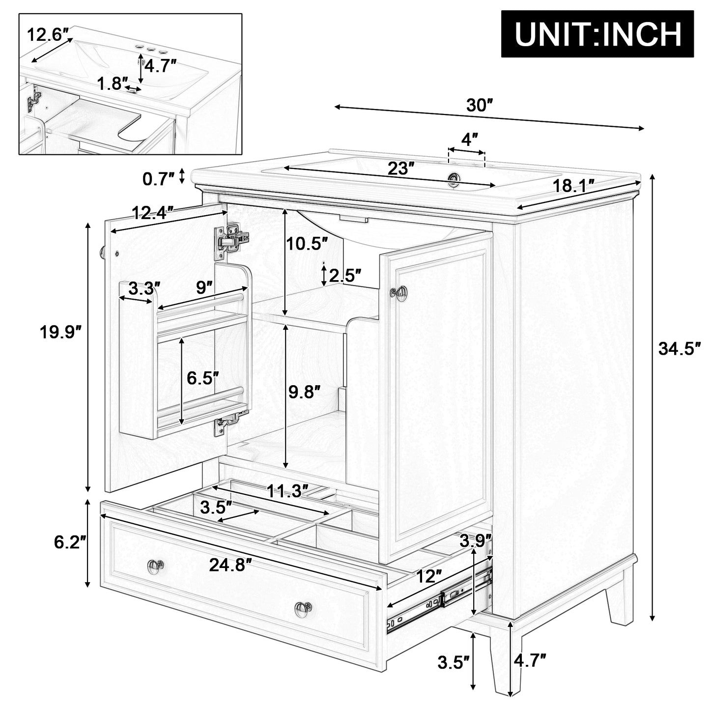 VanityFus 28.6-in White Bathroom Vanity Single Sink Combo Undermount with Ceramic Top 2 doors 1 drawer