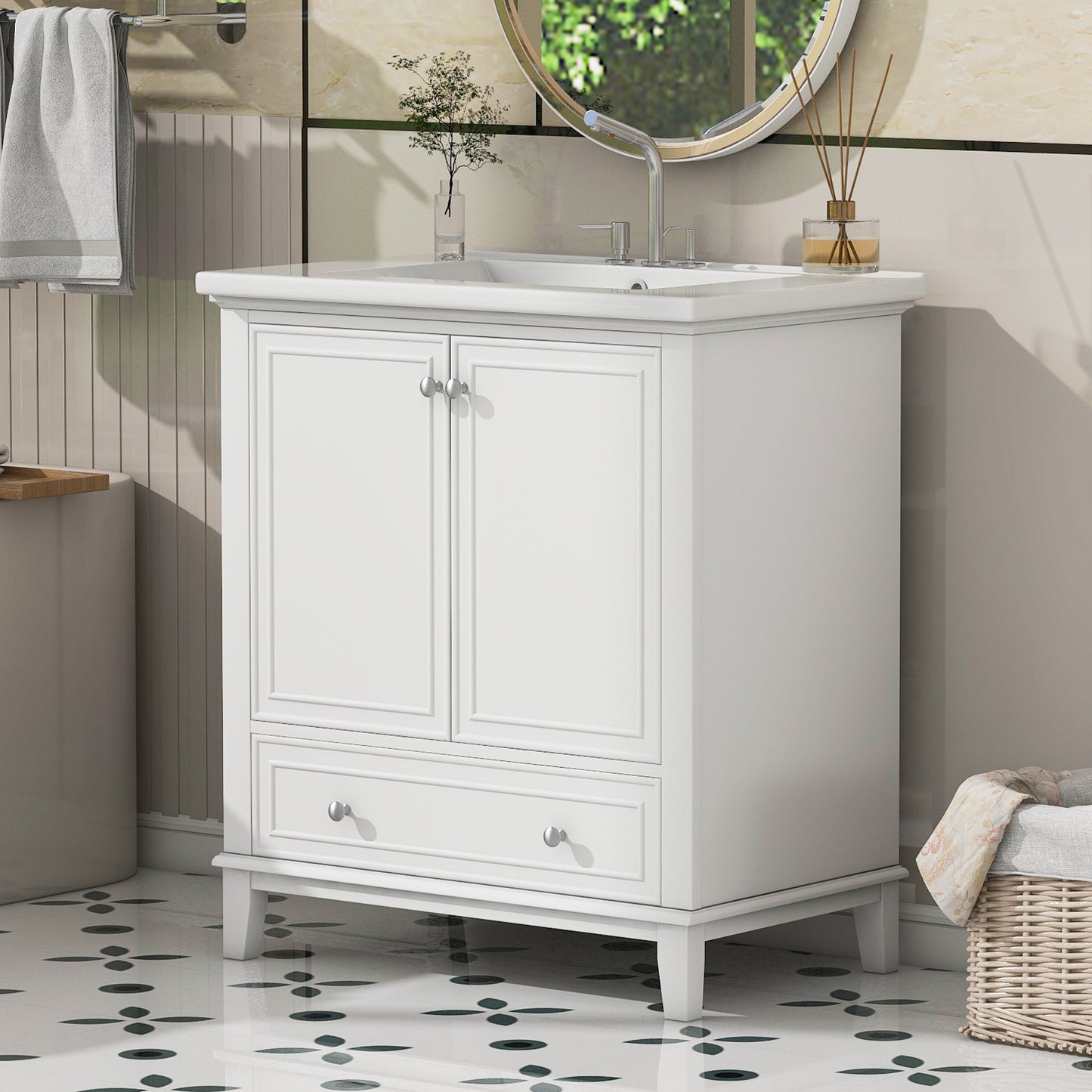 VanityFus 28.6-in White Bathroom Vanity Single Sink Combo Undermount with Ceramic Top 2 doors 1 drawer