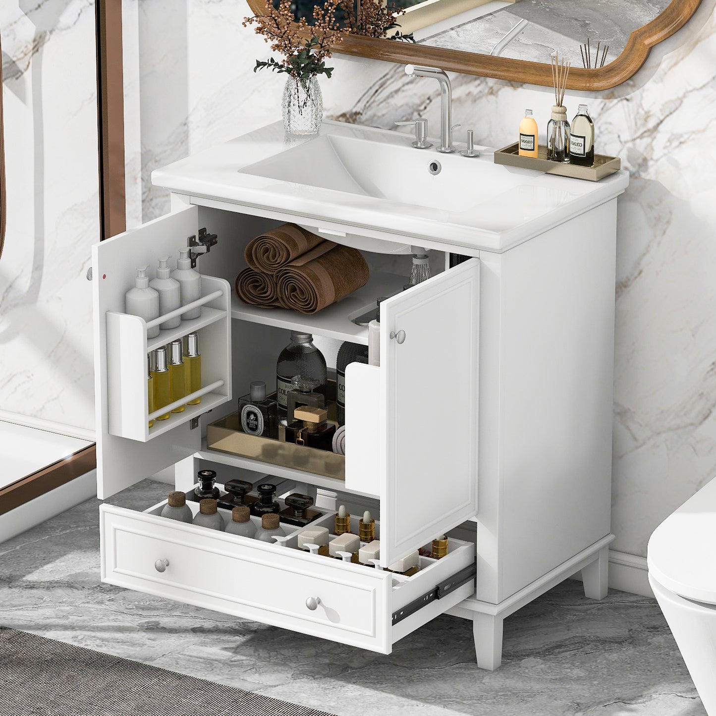 VanityFus 28.6-in White Bathroom Vanity Single Sink Combo Undermount with Ceramic Top 2 doors 1 drawer