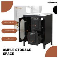 VanityFus 24-in Black Bathroom Vanity Single Sink Combo Ceramic Top 1  Glass door 2 drawers Undermount Adjustable Shelves