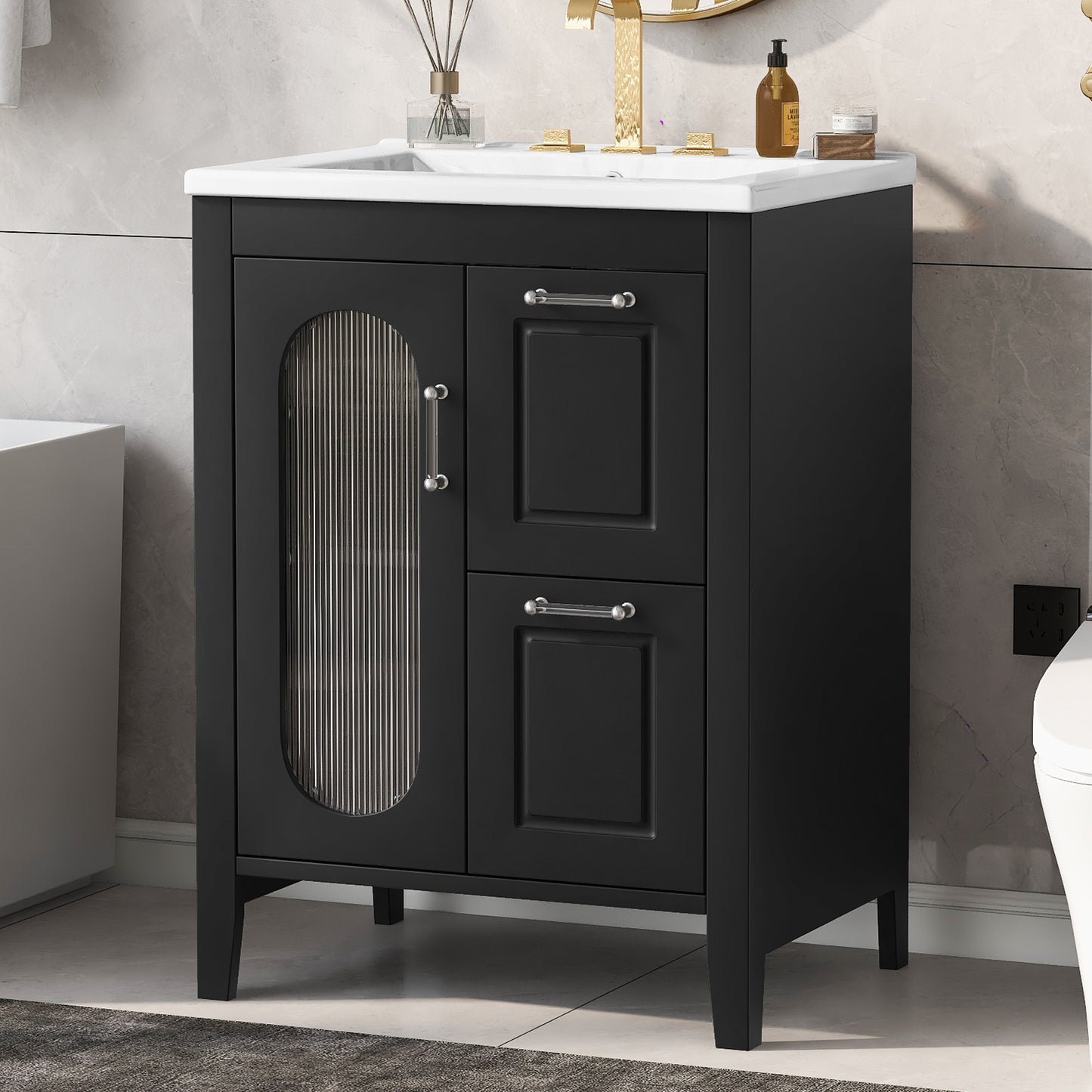 VanityFus 24-in Black Bathroom Vanity Single Sink Combo Ceramic Top 1  Glass door 2 drawers Undermount Adjustable Shelves
