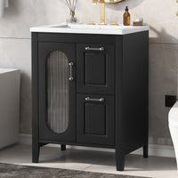VanityFus 24-in Black Bathroom Vanity Single Sink Combo Ceramic Top 1  Glass door 2 drawers Undermount Adjustable Shelves