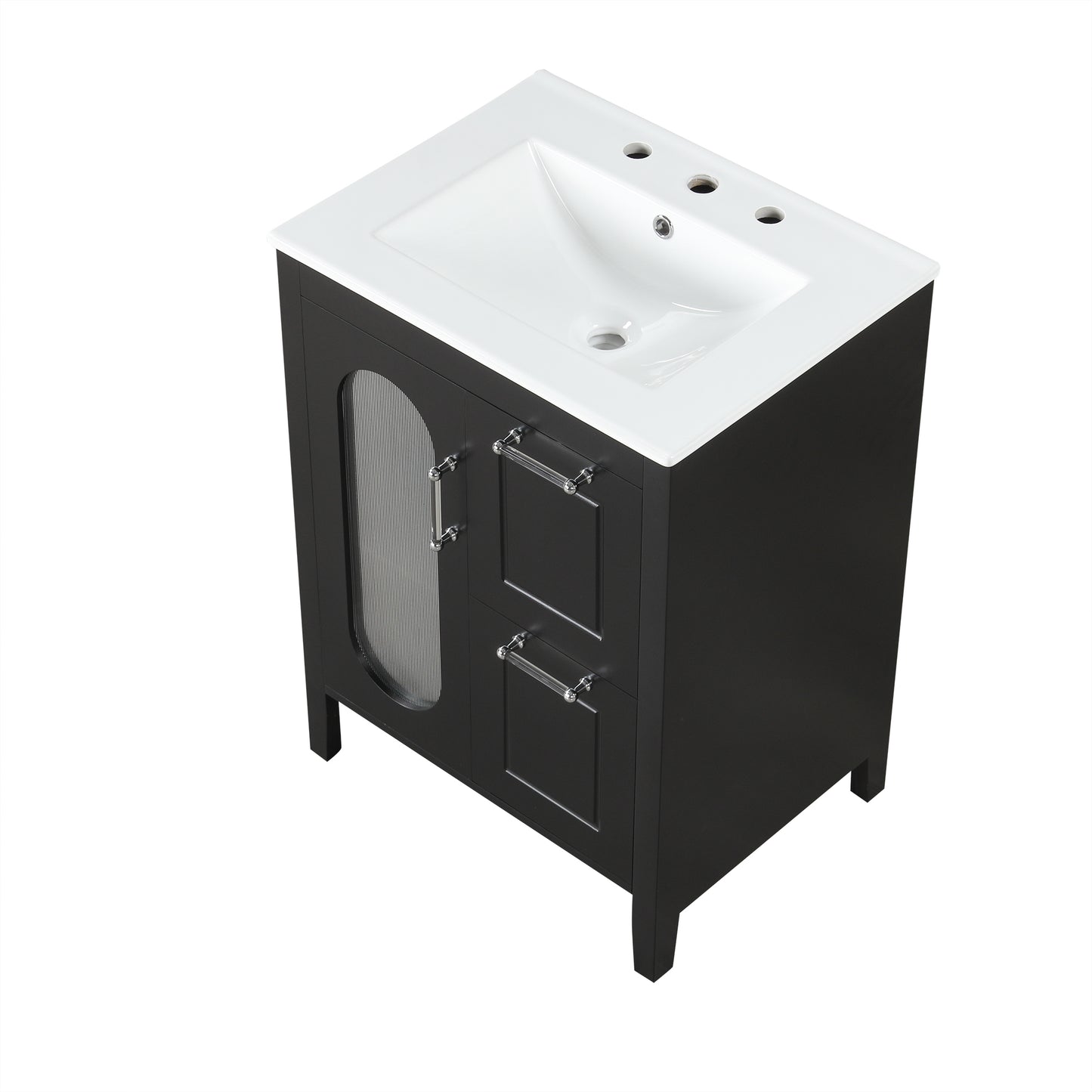 VanityFus 24-in Black Bathroom Vanity Single Sink Combo Ceramic Top 1  Glass door 2 drawers Undermount Adjustable Shelves
