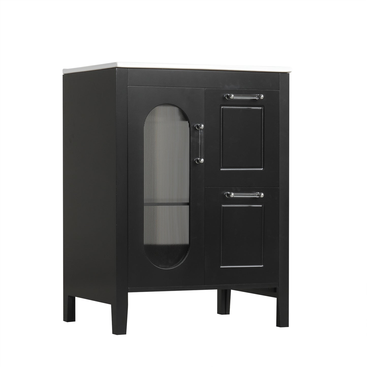 VanityFus 24-in Black Bathroom Vanity Single Sink Combo Ceramic Top 1  Glass door 2 drawers Undermount Adjustable Shelves