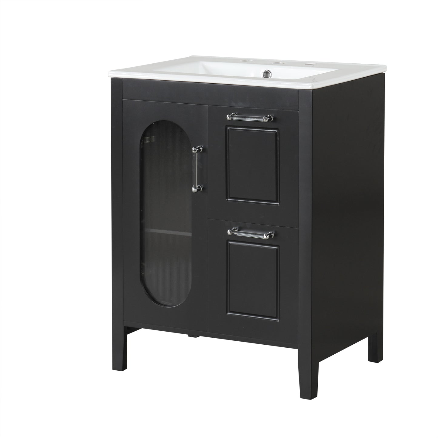 VanityFus 24-in Black Bathroom Vanity Single Sink Combo Ceramic Top 1  Glass door 2 drawers Undermount Adjustable Shelves