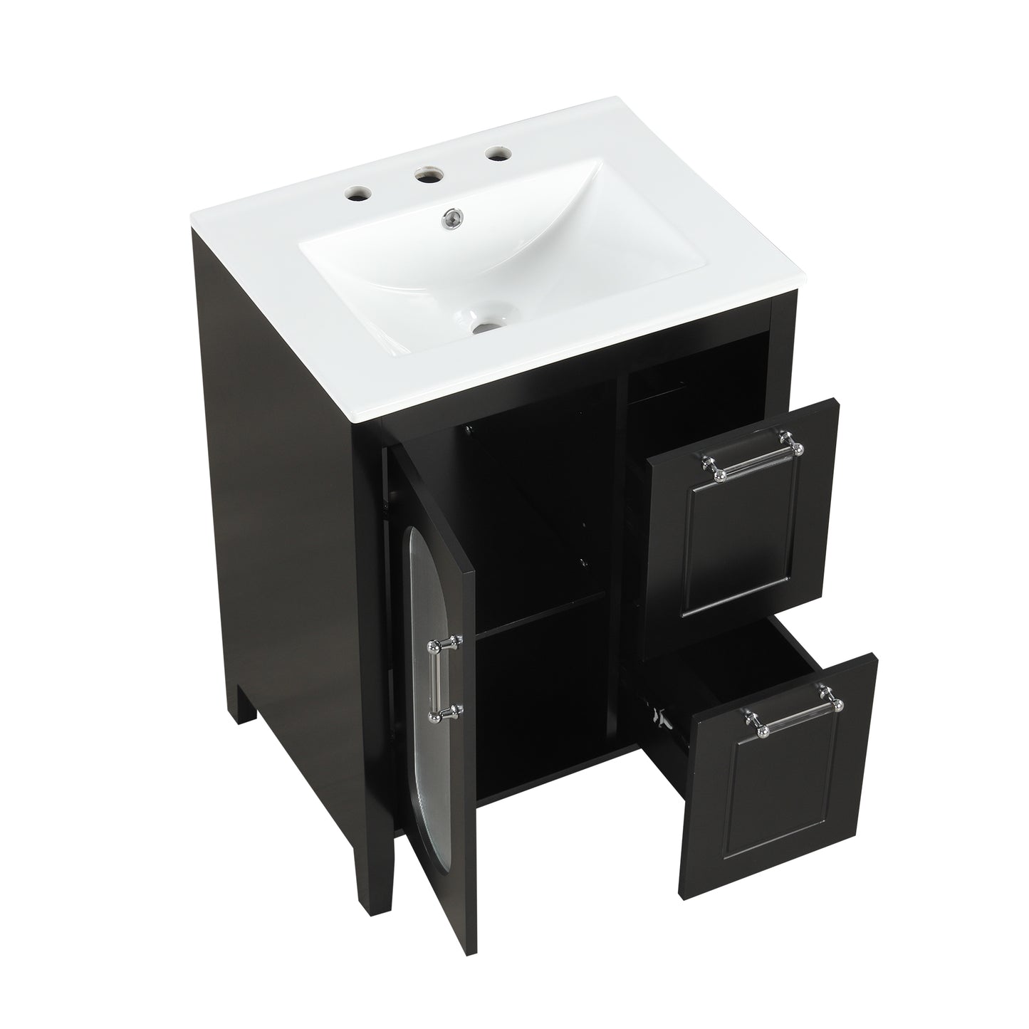 VanityFus 24-in Black Bathroom Vanity Single Sink Combo Ceramic Top 1  Glass door 2 drawers Undermount Adjustable Shelves