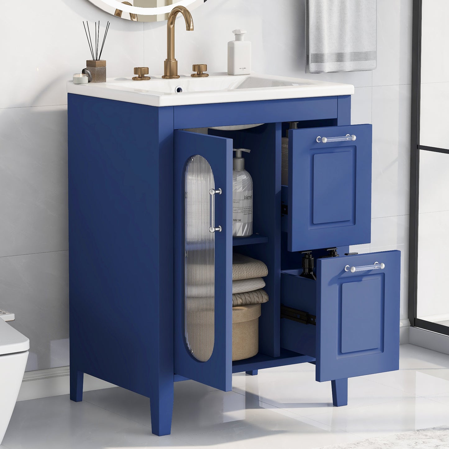 VanityFus 24-in Blue Bathroom Vanity Single Sink Combo Ceramic Top 1  Glass door 2 drawers Undermount Adjustable Shelves